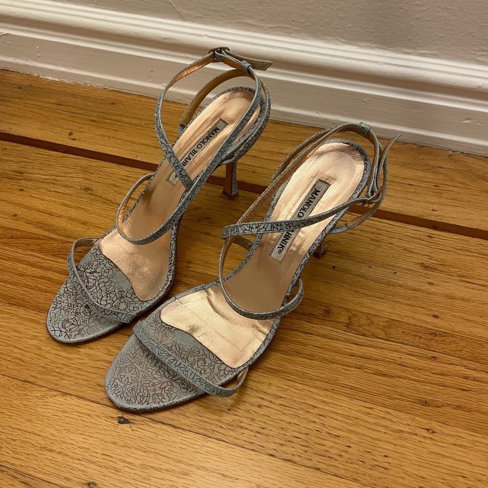 Manolo Blahnik Light Blue Ctrucam Oasi Strappy Sandals, Size 38.5